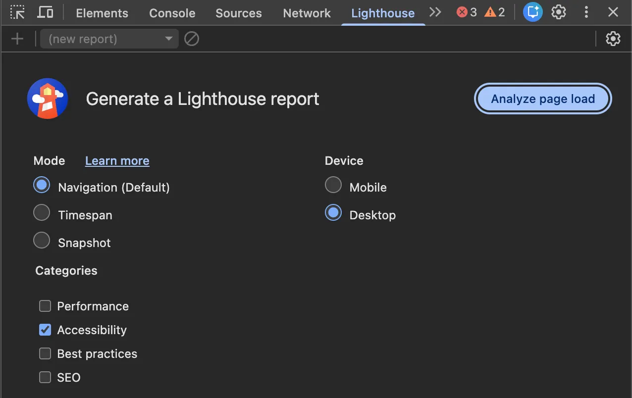 Chrome Lighthouse view with highlighted analyze page state button